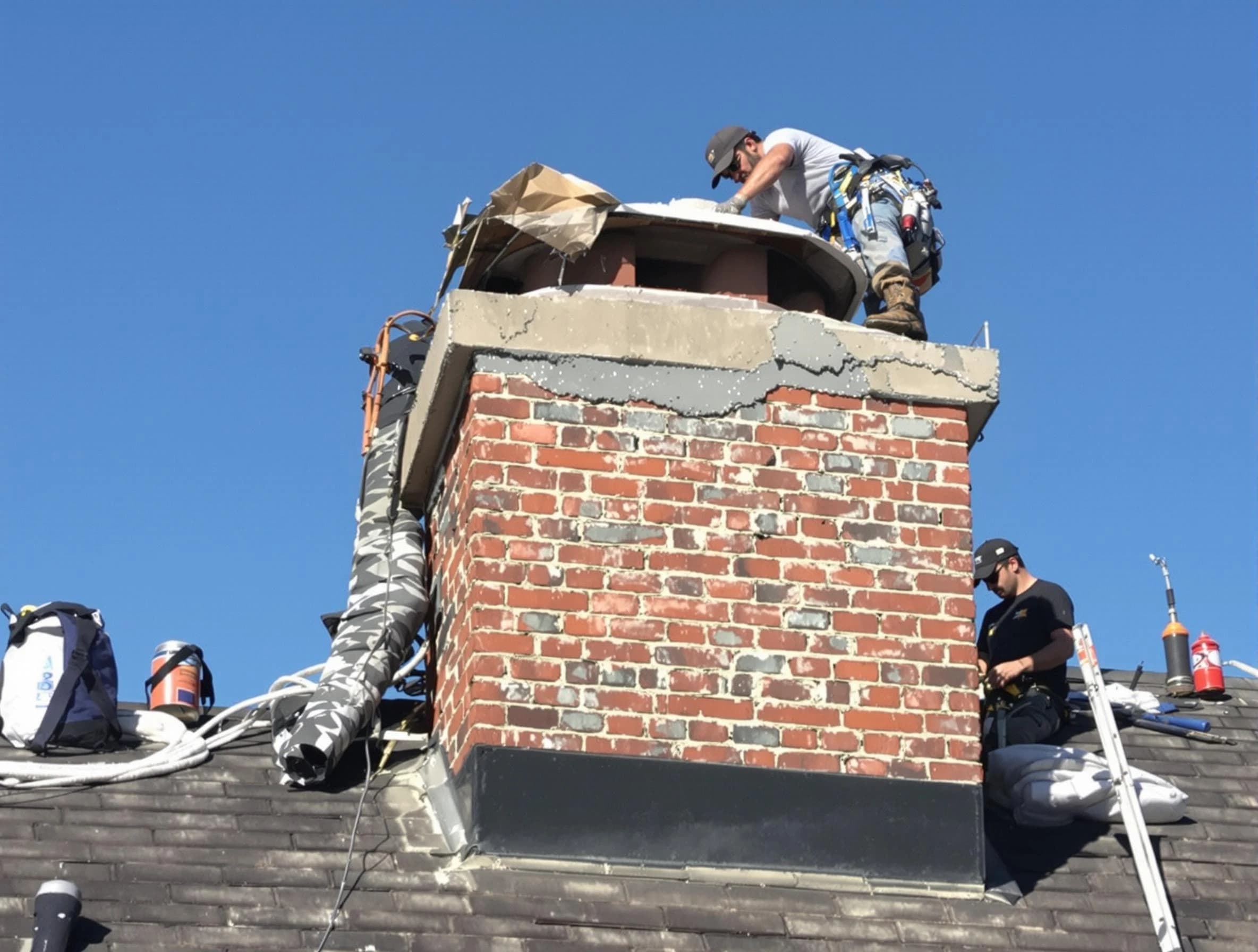 Waltham Chimney Sweep installing a custom chimney crown in Waltham, MA