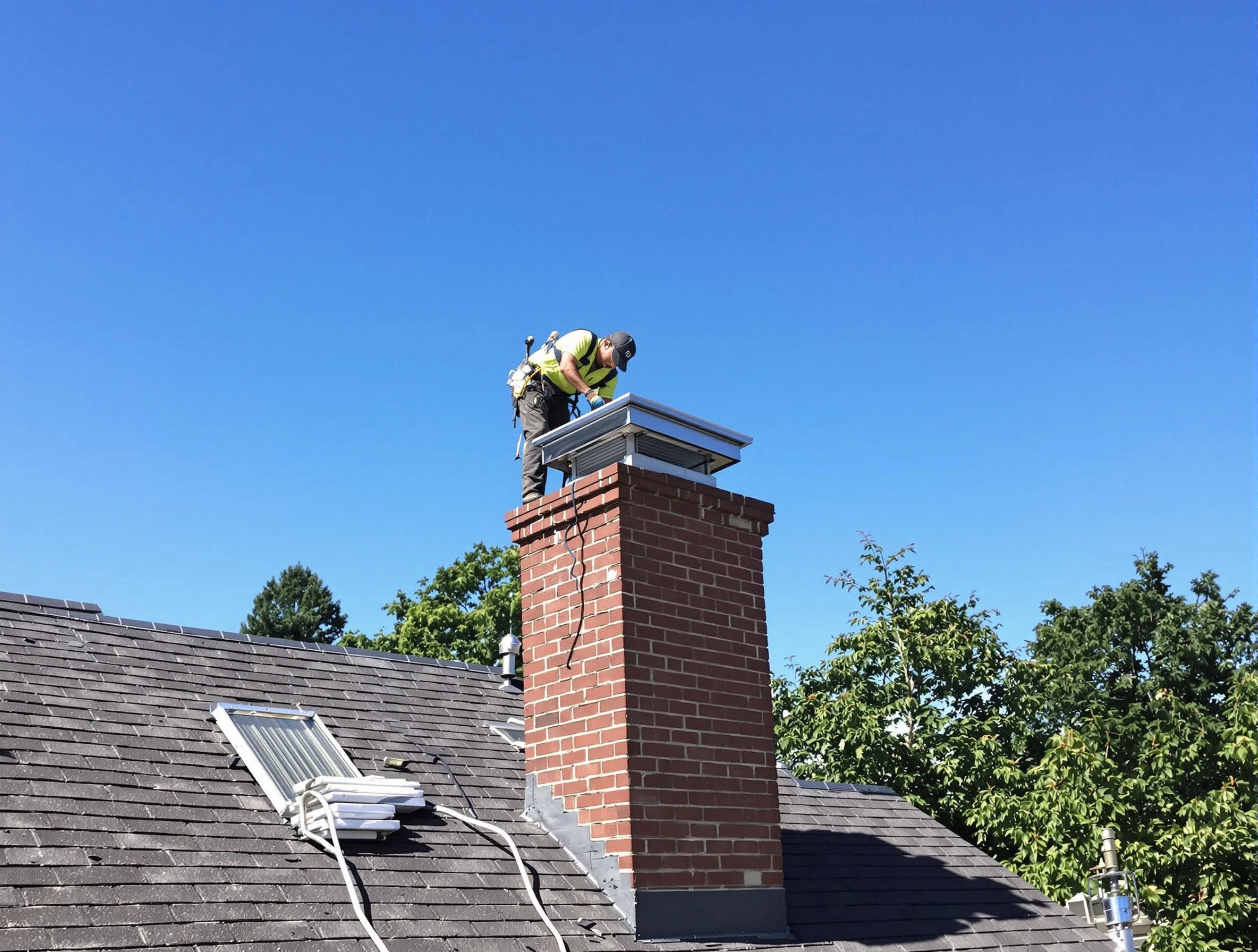 Waltham Chimney Sweep technician measuring a chimney cap in Waltham, MA