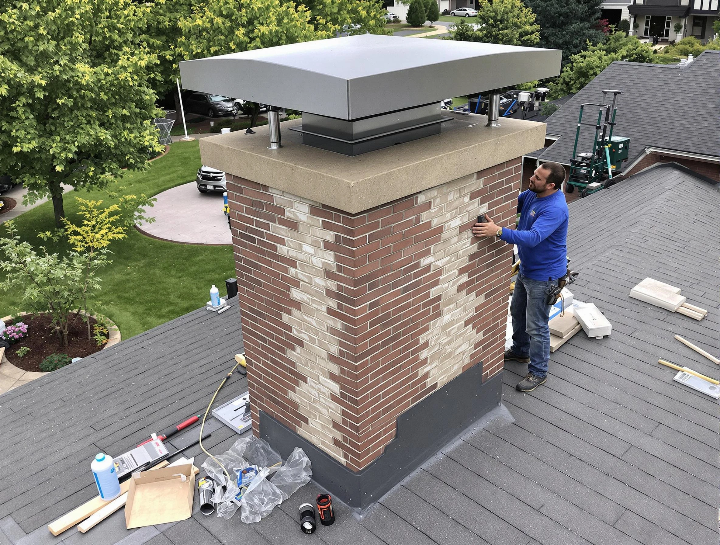 Waltham Chimney Sweep team working on a custom chimney remodel in Waltham, MA